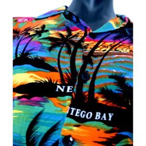 Fruit Of The Loom, Tropical, Hibiscus, Floral Button Down, Blue/Orange/Pink Lge.